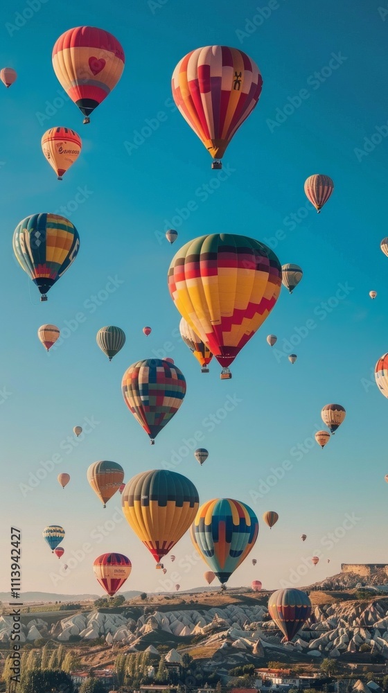 Obraz premium Vivid image with colorful hot air balloons floating in a clear sky over rocky landscape. 17+ balloons in various sizes and altitudes, creating a majestic scene with distant clouds.