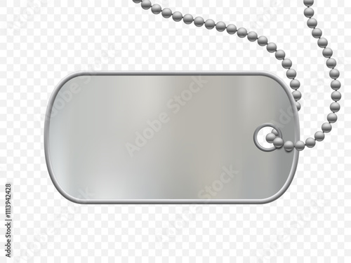 Metal military dog ​​tag on a chain. Template with copy space isolated on transparent background. Vector illustration