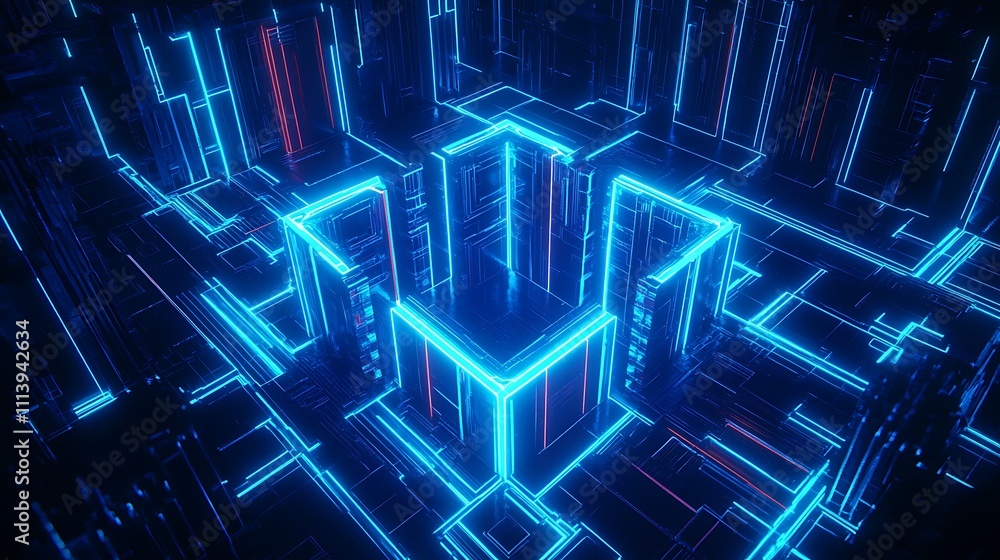 Futuristic Neon Circuitry Design with Glowing Lines and Geometric Patterns in Dark Background Futuristic Neon Circuitry Design with Glowing Lines and Geometric Patterns in Dark Background