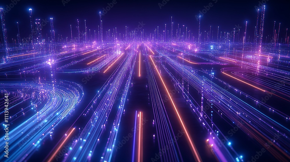 Obraz premium Futuristic Neon Cityscape with Bright Lights and Dynamic Lines Creating a Sense of Movement and Technology