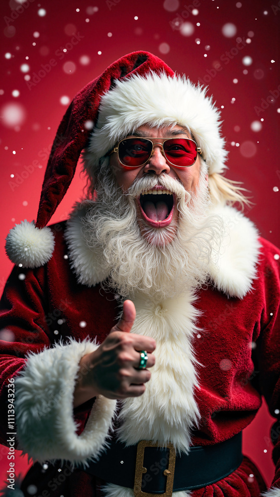 Energetic Rock-and-Roll Santa Roars Against Festive Red Background: Perfect for Modern Holiday Marketing Energetic Rock-and-Roll Santa Roars Against Festive Red Background: Perfect for Modern Holiday Marketing