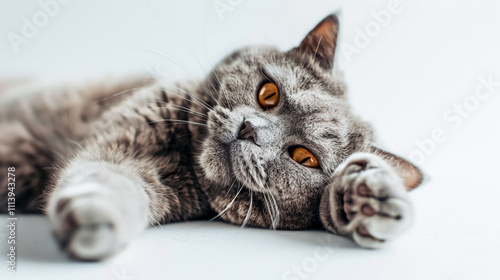 Satisfied British Cat: A British cat lying on a white background with a raised paw, suitable for advertising or playful pet imagery. photo