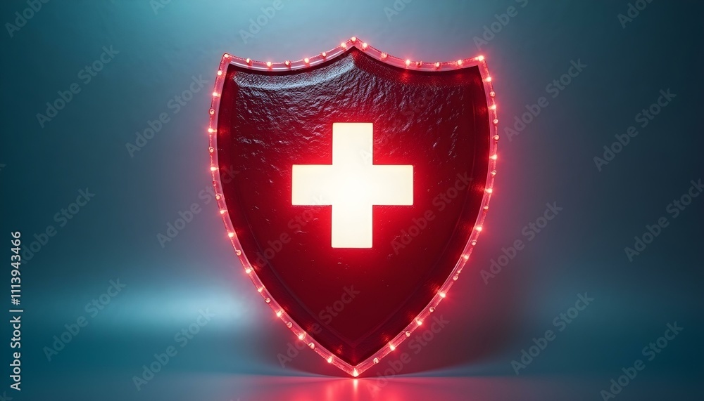 Obraz premium a red shield adorned with a white first aid cross, surrounded by a soft glow effect create with ai