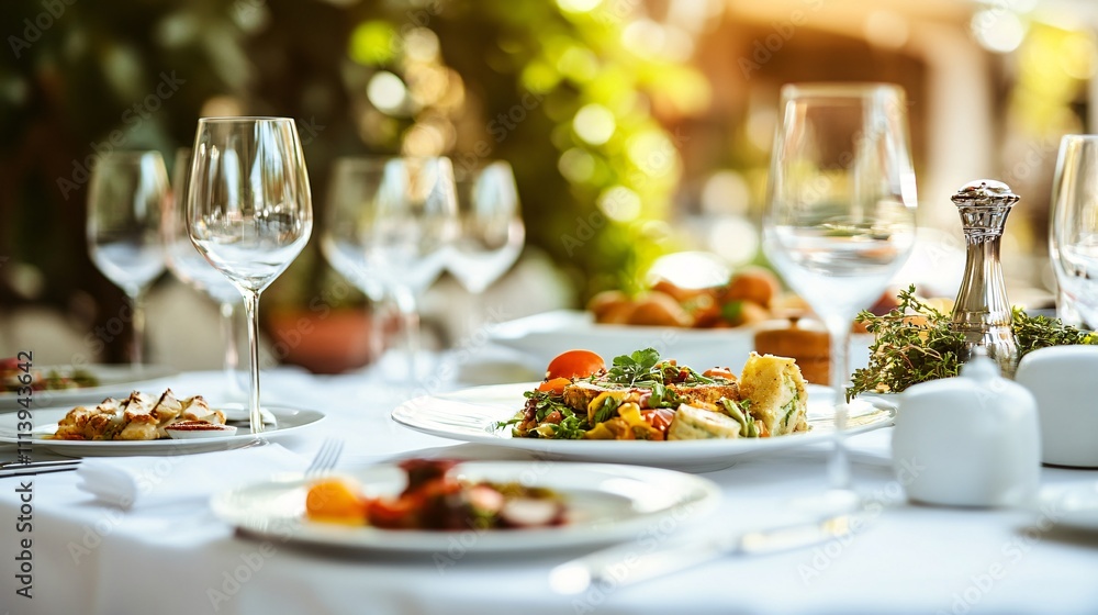 Elegant table setting displaying gourmet dishes in outdoor restaurant Elegant table setting displaying gourmet dishes in outdoor restaurant