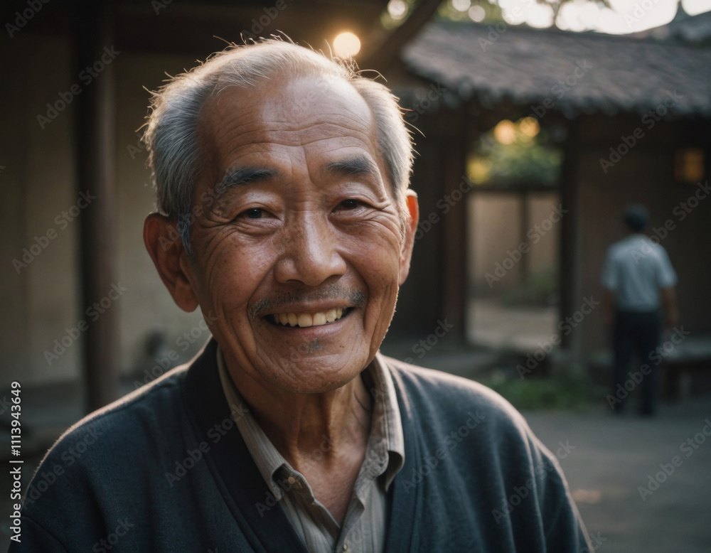 Joyful elderly man smiling in traditional courtyard during sunset in an Asian village. Generative AI Joyful elderly man smiling in traditional courtyard during sunset in an Asian village. Generative AI
