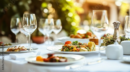 Fototapeta Naklejka Na Ścianę i Meble -  Elegant table setting displaying gourmet dishes in outdoor restaurant
