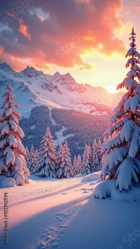 Majestic Winter Sunset at Alpine Ski Resort: Perfect for Holiday Marketing, Travel Brochures, and Winter Sports Promotions photo