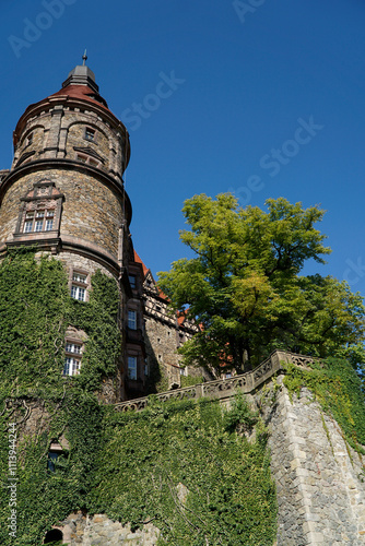 Ksiaz Castle with ivy on external walls - view from the tarrace with garden - Walbrzych, Poland photo