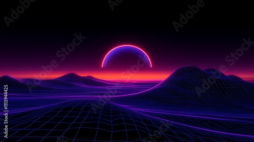 Futuristic Neon Landscape with Sine Wave Mountains and Vibrant Sunset in Retro Aesthetic Style photo