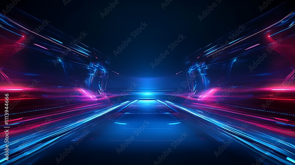 Futuristic neon light trails with vibrant blue and red colors creating a dynamic motion effect in a dark space Futuristic neon light trails with vibrant blue and red colors creating a dynamic motion effect in a dark space