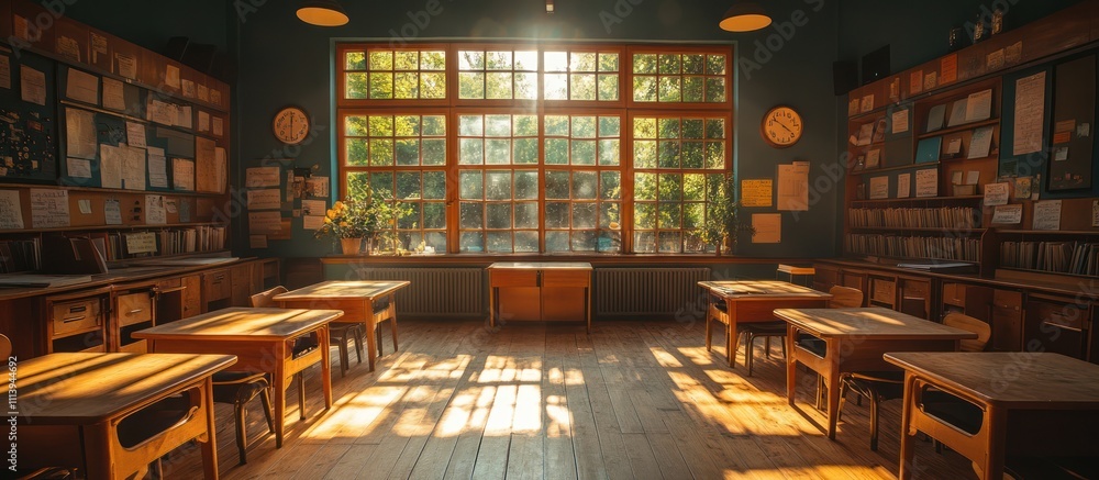 Sunlit classroom with wooden desks, bookshelves, and large window. Sunlit classroom with wooden desks, bookshelves, and large window.