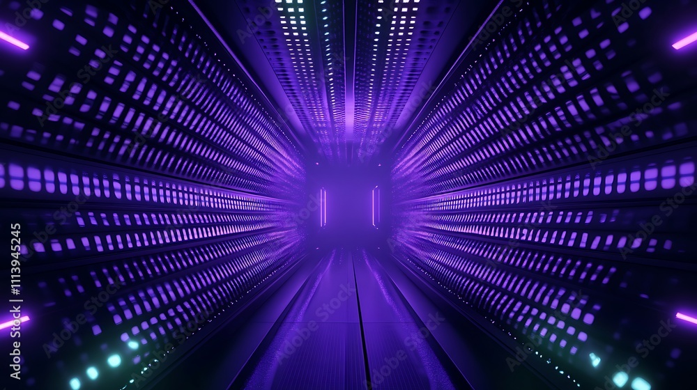 Futuristic Neon Tunnel with Purple Lights and Striking Patterns for Sci-Fi and Technology Themes Futuristic Neon Tunnel with Purple Lights and Striking Patterns for Sci-Fi and Technology Themes