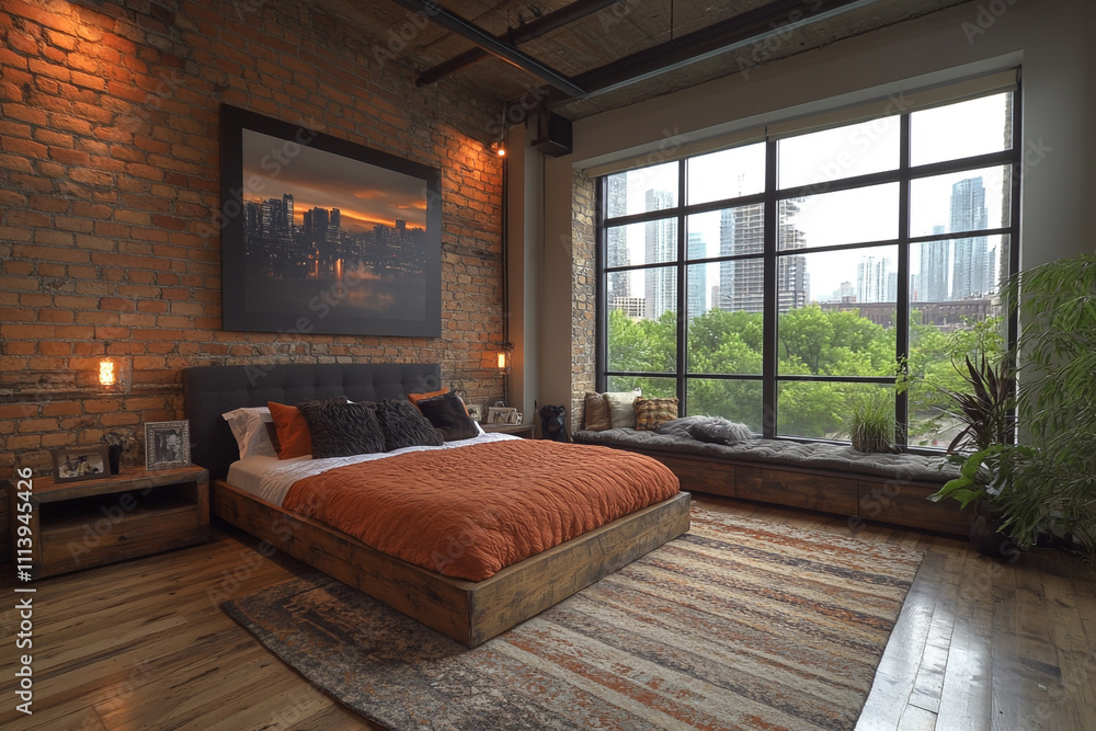 Modern Bedroom Design with Brick Walls and City View Modern Bedroom Design with Brick Walls and City View