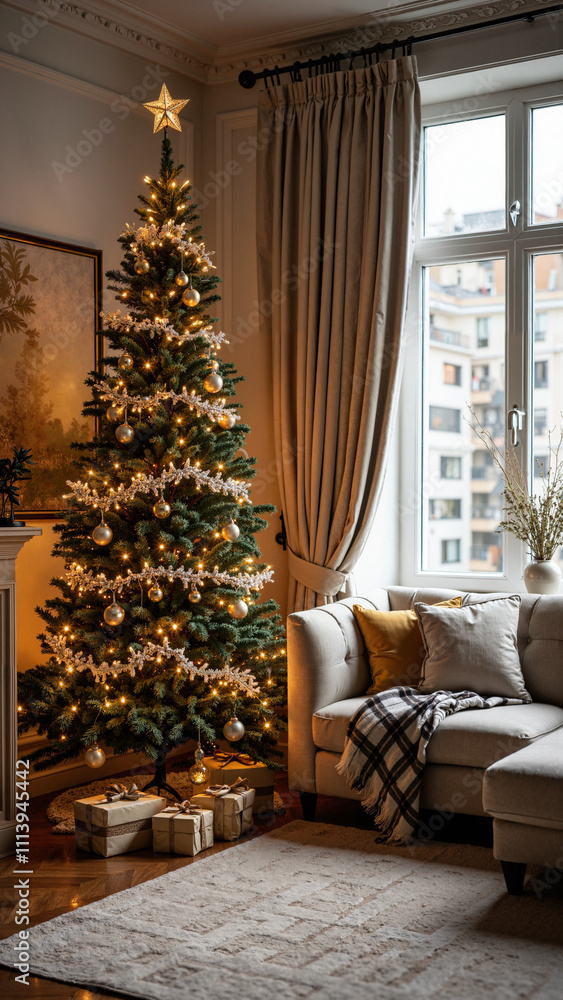 Elegant Christmas Interior: Festive Tree and Cozy Living Room for Holiday Marketing and Seasonal Promotions Elegant Christmas Interior: Festive Tree and Cozy Living Room for Holiday Marketing and Seasonal Promotions