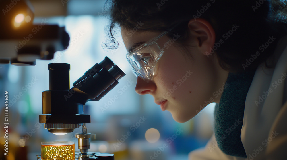 Focused medical researcher analyzing lipid molecules under a microscope in a professional laboratory environment. Scientific research and biotechnology concepts with advanced equipment Focused medical researcher analyzing lipid molecules under a microscope in a professional laboratory environment. Scientific research and biotechnology concepts with advanced equipment