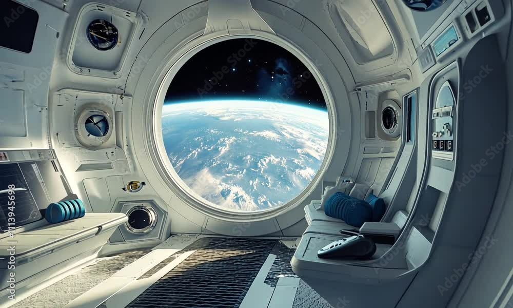 A futuristic spacecraft interior with a large window showcasing Earth from space. A futuristic spacecraft interior with a large window showcasing Earth from space.