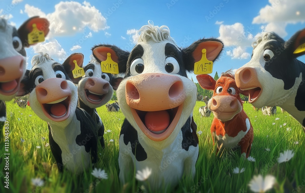 Fototapeta premium A group of cows taking selfies in the green pasture