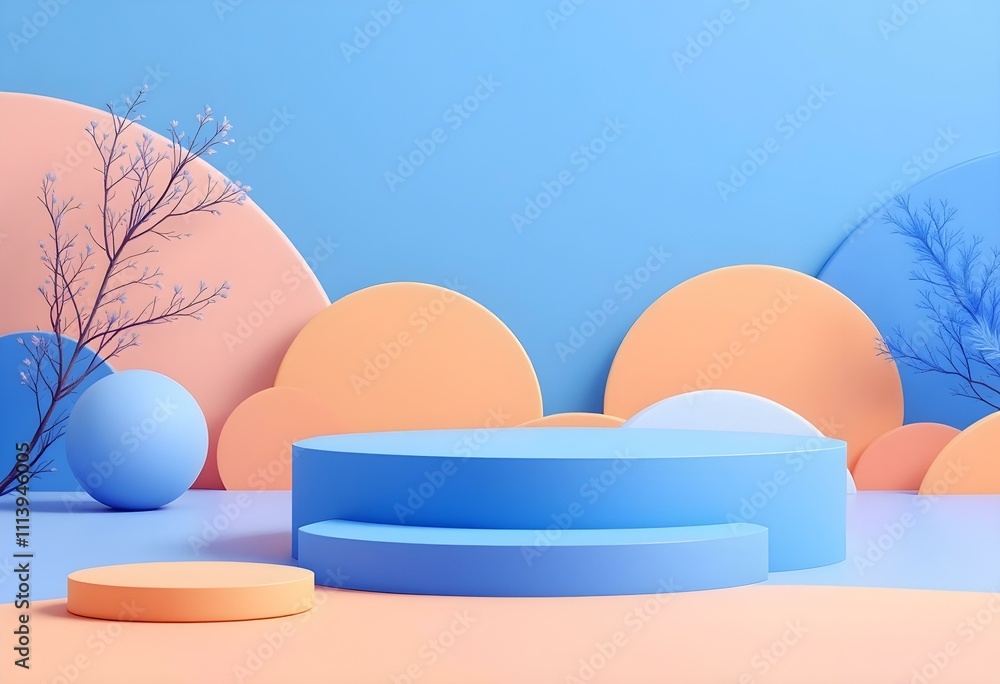 Fototapeta premium Minimal scene with hexagonal podium and abstract background. Geometric shape. Blue pastel colors scene. Minimal 3d rendering. geometrical forms and blue background.