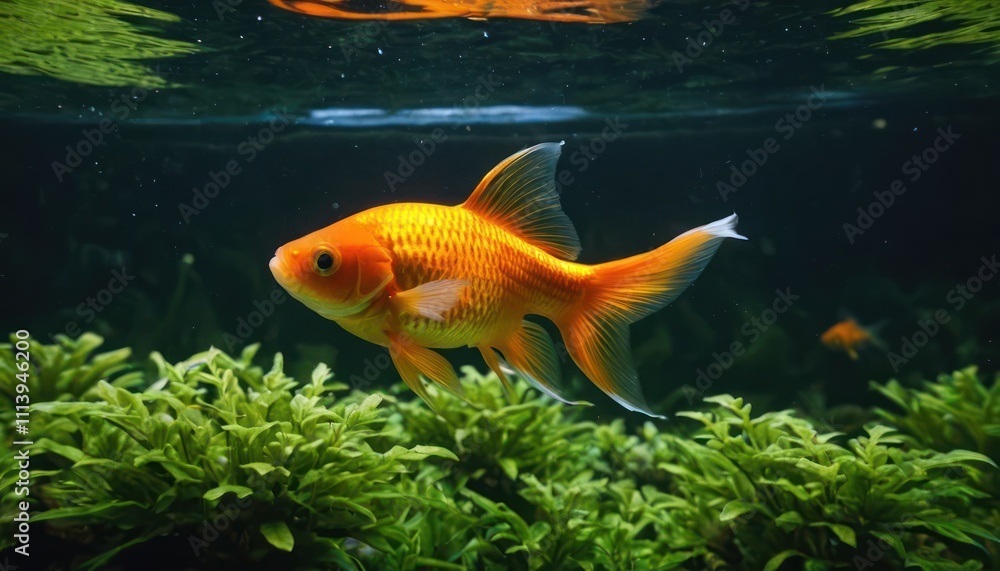 A goldfish glides through clear water with lush green plants, creating a peaceful water environment A goldfish glides through clear water with lush green plants, creating a peaceful water environment