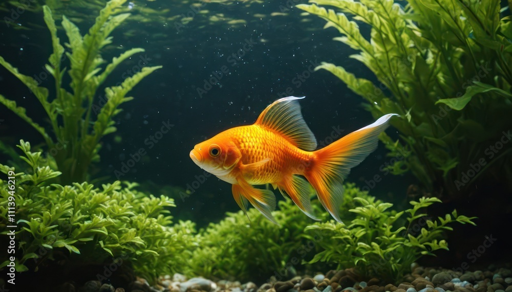 A goldfish glides through clear water with lush green plants, creating a peaceful water environment A goldfish glides through clear water with lush green plants, creating a peaceful water environment