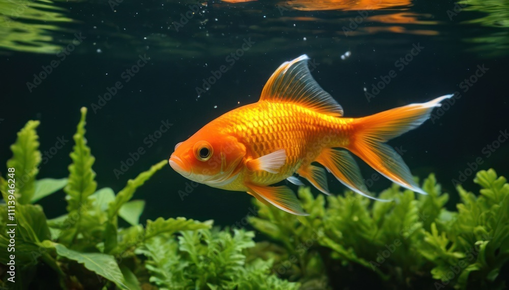 A goldfish glides through clear water with lush green plants, creating a peaceful water environment