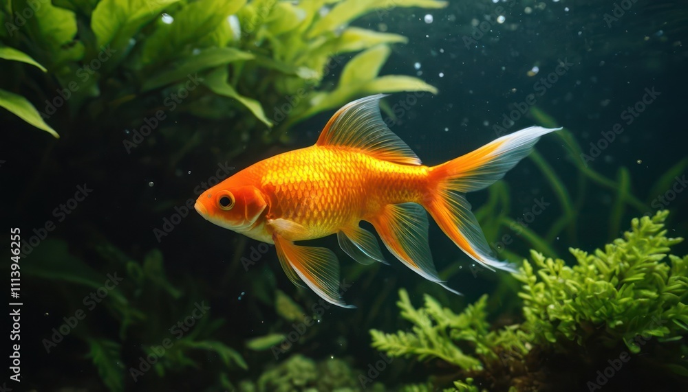 A goldfish glides through clear water with lush green plants, creating a peaceful water environment A goldfish glides through clear water with lush green plants, creating a peaceful water environment