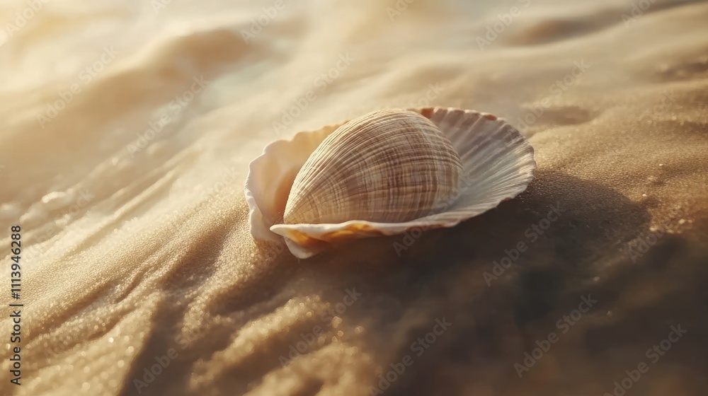 Seashell resting on golden sand beach at sunset Seashell resting on golden sand beach at sunset