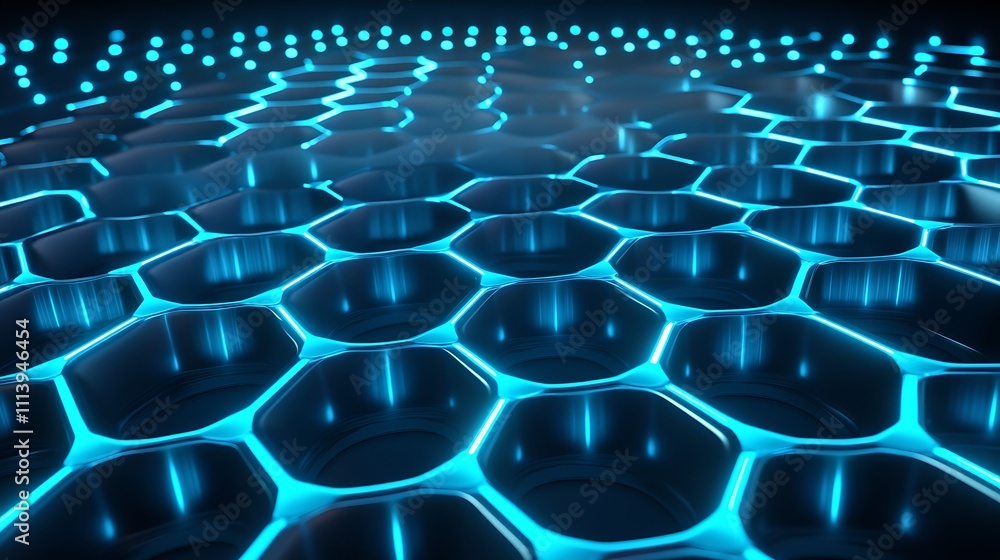 Fototapeta premium Illuminated Hexagonal Pattern with Luminous Blue Accents on a Dark Background for Futuristic Concepts