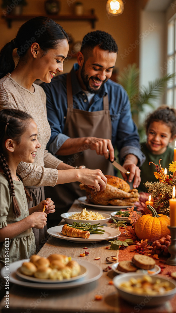 Joyful Multicultural Family Celebrating Thanksgiving: Perfect for Holiday Ads, Culinary Blogs, and Family-Oriented Marketing Joyful Multicultural Family Celebrating Thanksgiving: Perfect for Holiday Ads, Culinary Blogs, and Family-Oriented Marketing