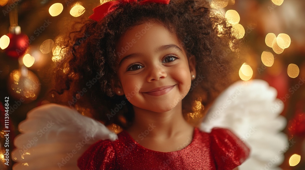 Smiling Angelic Girl in Red by Christmas Tree at Orphanage Smiling Angelic Girl in Red by Christmas Tree at Orphanage