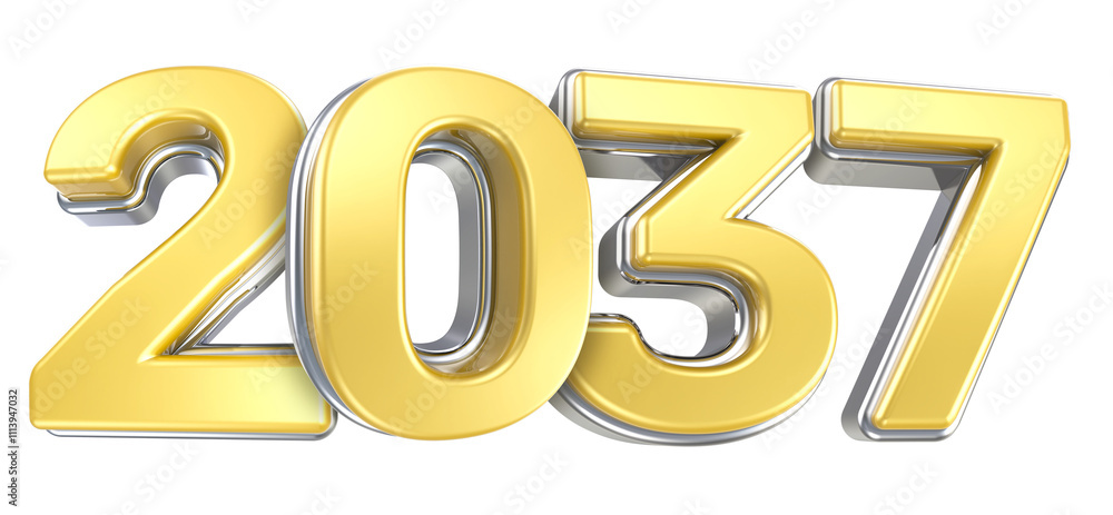 Happy New Year 2037 Silver With Yellow 3D Render