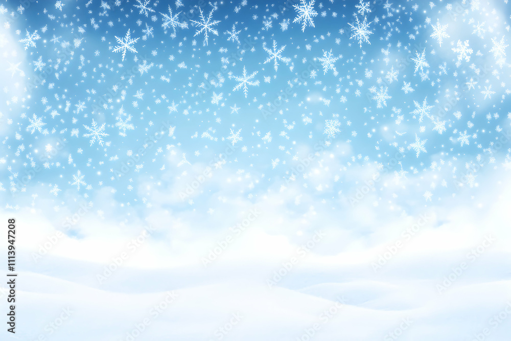 Serene winter wonderland scene; snowflakes falling on a snowy landscape under a clear blue sky. Perfect for holiday cards, winter backgrounds, or seasonal designs. Serene winter wonderland scene; snowflakes falling on a snowy landscape under a clear blue sky. Perfect for holiday cards, winter backgrounds, or seasonal designs.