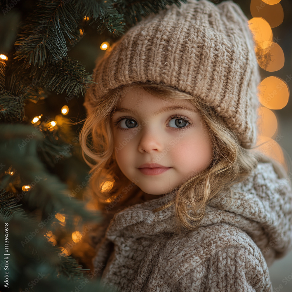Little girl with a sweet expression wearing a knitted hat near a Christmas tree decorated with lights Little girl with a sweet expression wearing a knitted hat near a Christmas tree decorated with lights