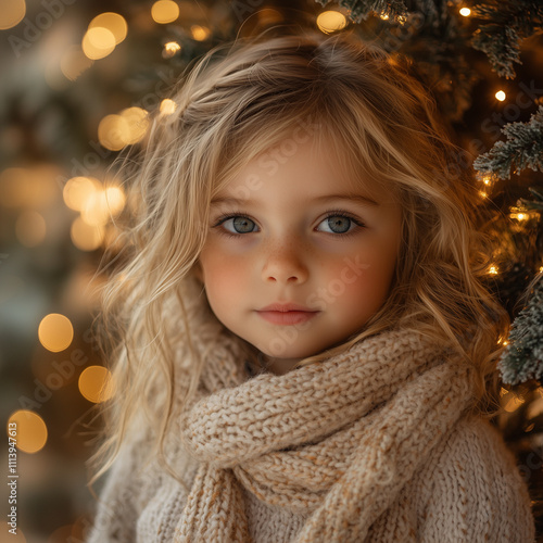 Little girl with a serene expression wearing a cozy scarf near a Christmas tree adorned with lights