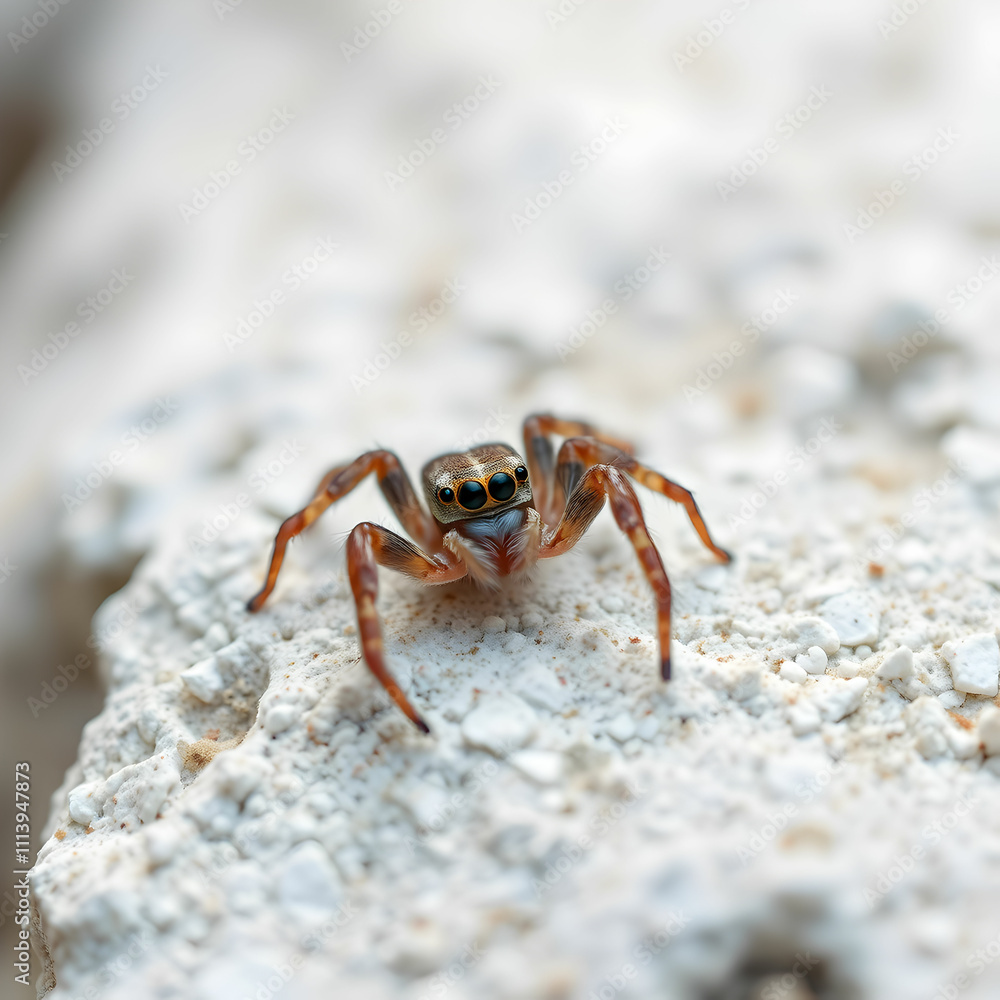 Brown and white jumping spider on white rock Brown and white jumping spider on white rock