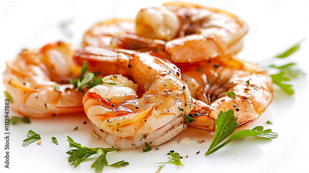 Shrimp: Cooked shrimp served on a white background, possibly with a garnish or dipping sauce. Shrimp: Cooked shrimp served on a white background, possibly with a garnish or dipping sauce.