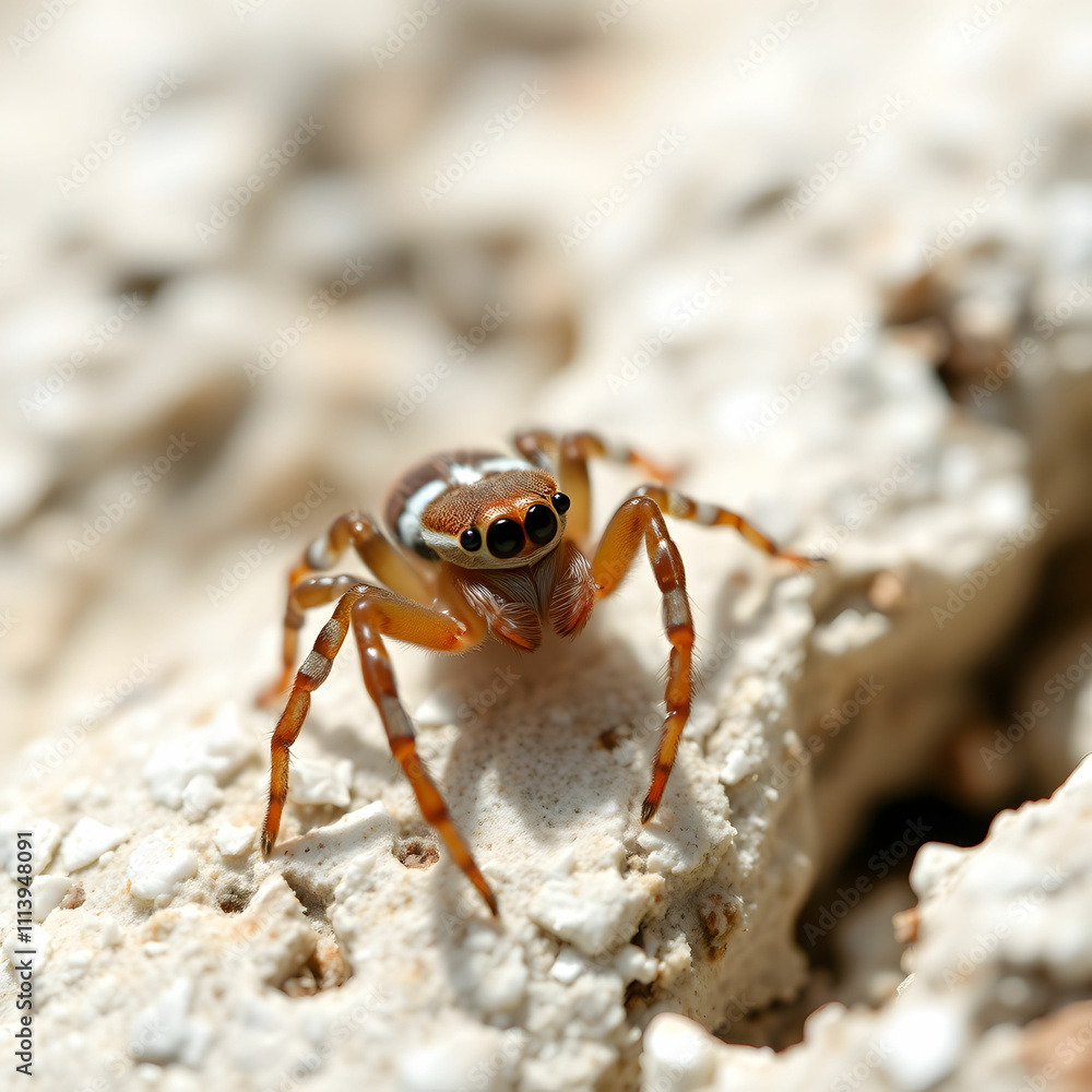 Brown and white jumping spider on white rock Brown and white jumping spider on white rock