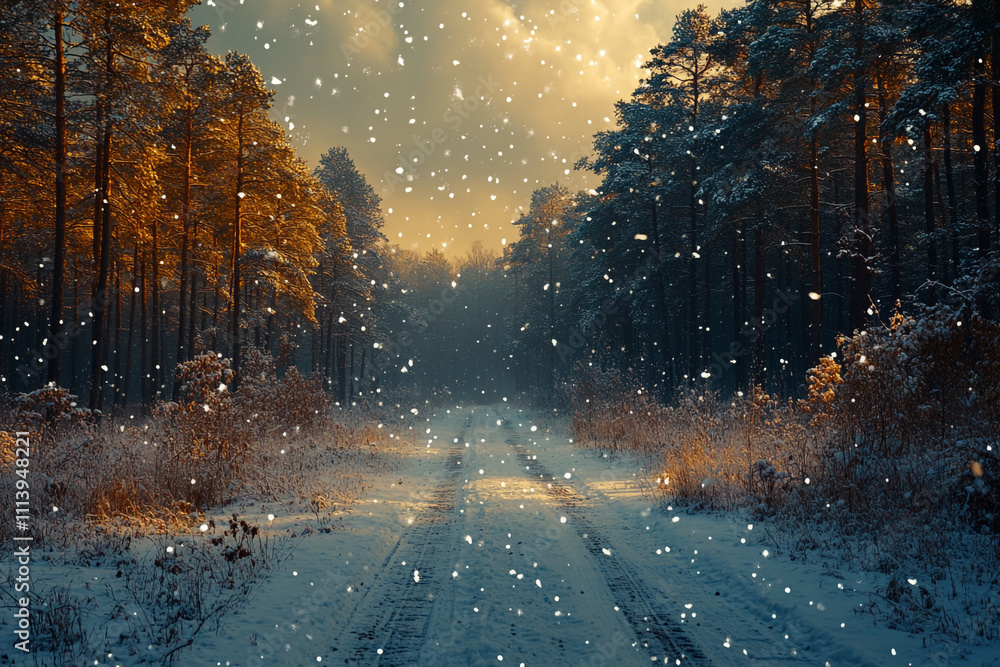 Snow falls softly on a winter forest path Snow falls softly on a winter forest path