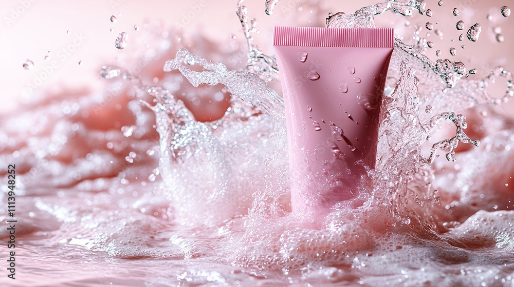 Fototapeta premium Clean cream tube with light pink dynamic background, water splashes with foam, copy space.
