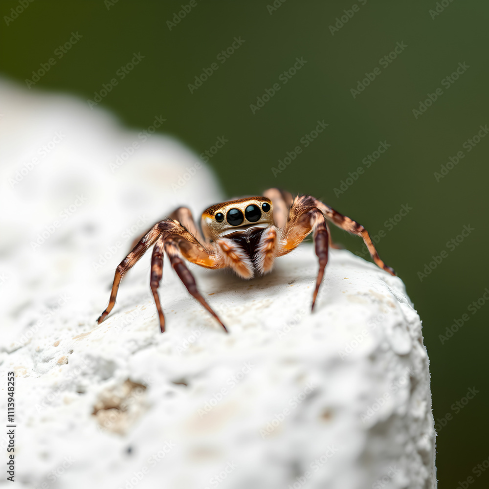 Brown and white jumping spider on white rock Brown and white jumping spider on white rock