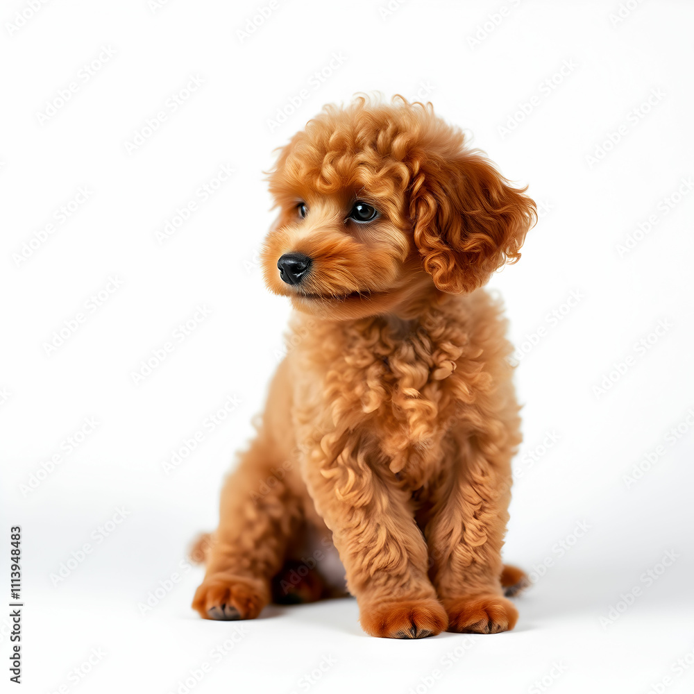 Brown miniature poodle dog sitting and looking right on white background Brown miniature poodle dog sitting and looking right on white background