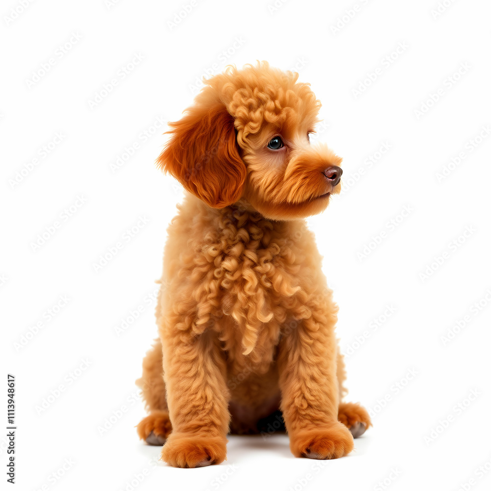 Brown miniature poodle dog sitting and looking right on white background Brown miniature poodle dog sitting and looking right on white background