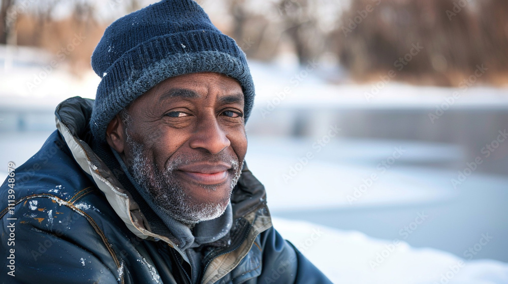 African American fisherman sitting by a winter pond. Hobby and activity in cold weather. Winter fishing, leisure, outdoor activity, and connection with nature African American fisherman sitting by a winter pond. Hobby and activity in cold weather. Winter fishing, leisure, outdoor activity, and connection with nature