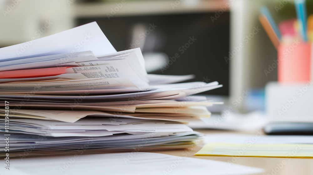 Detailed close-up of a stack of medical bills and paperwork on a desk, representing the stress of healthcare expense management, with blurred medical charts in the background. Detailed close-up of a stack of medical bills and paperwork on a desk, representing the stress of healthcare expense management, with blurred medical charts in the background.