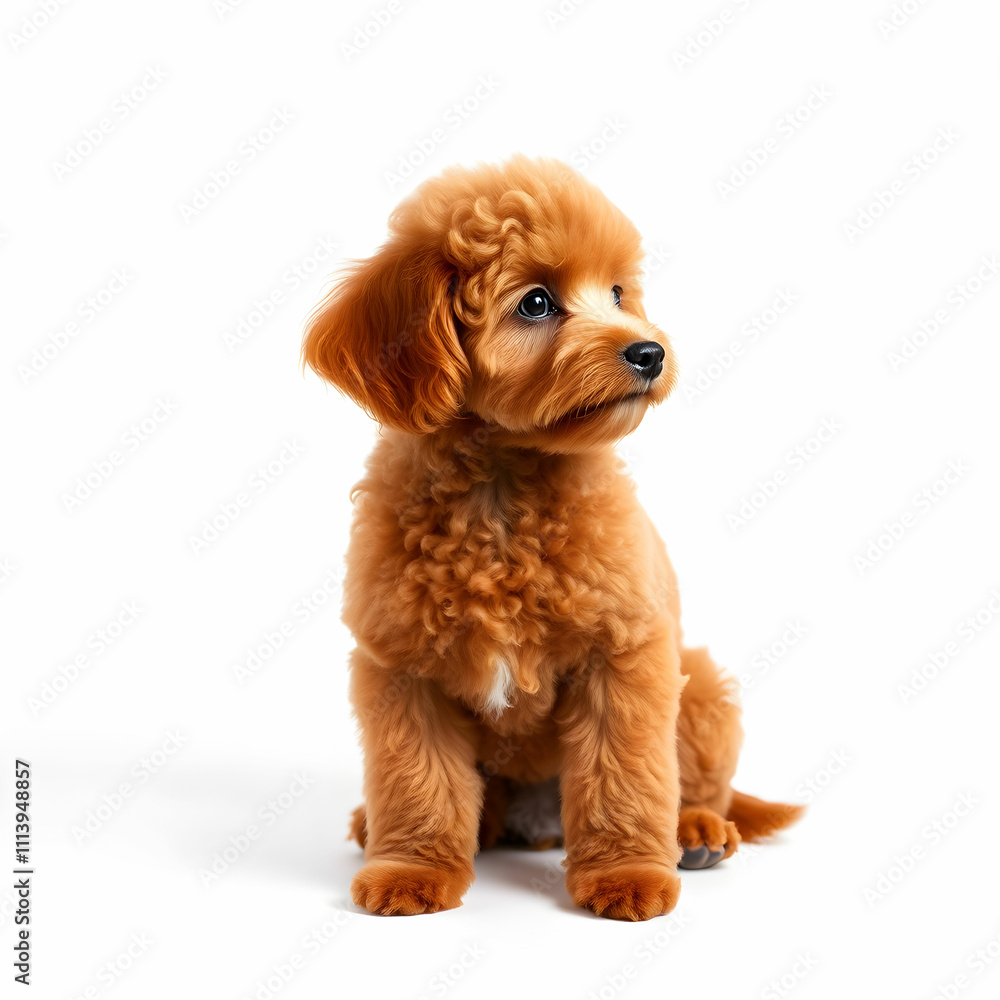 Brown miniature poodle dog sitting and looking right on white background Brown miniature poodle dog sitting and looking right on white background