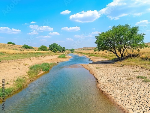 A small, dry tributary feeding into a river, visible during the late summer drought season, cracked earth and sparse vegetation on the banks