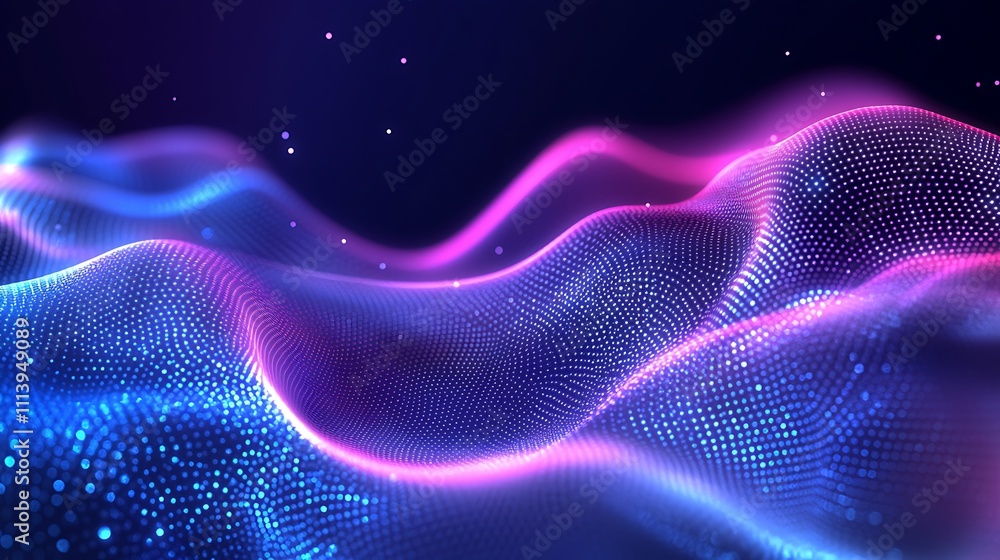 Fototapeta premium Vibrant Abstract Waves of Light with Colorful Particles and Digital Texture in Dark Background