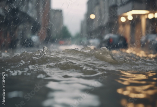 an illustration of Flood natural disaster with house, heavy rain and storm , damage with home, clouds and rain, flooding water in city, Flooded house