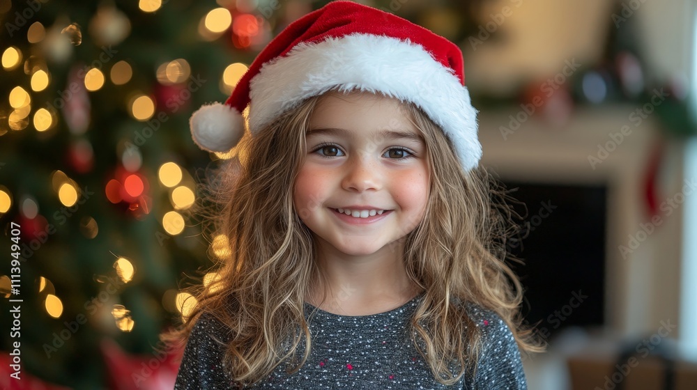 Adorable Child Smiling by Christmas Tree with Holiday Lights Adorable Child Smiling by Christmas Tree with Holiday Lights