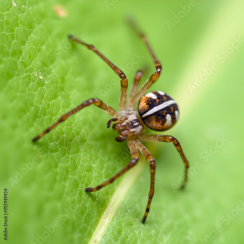 Brown spider sitting on a green leaf (Kusagumo, Agelena silvatica photo